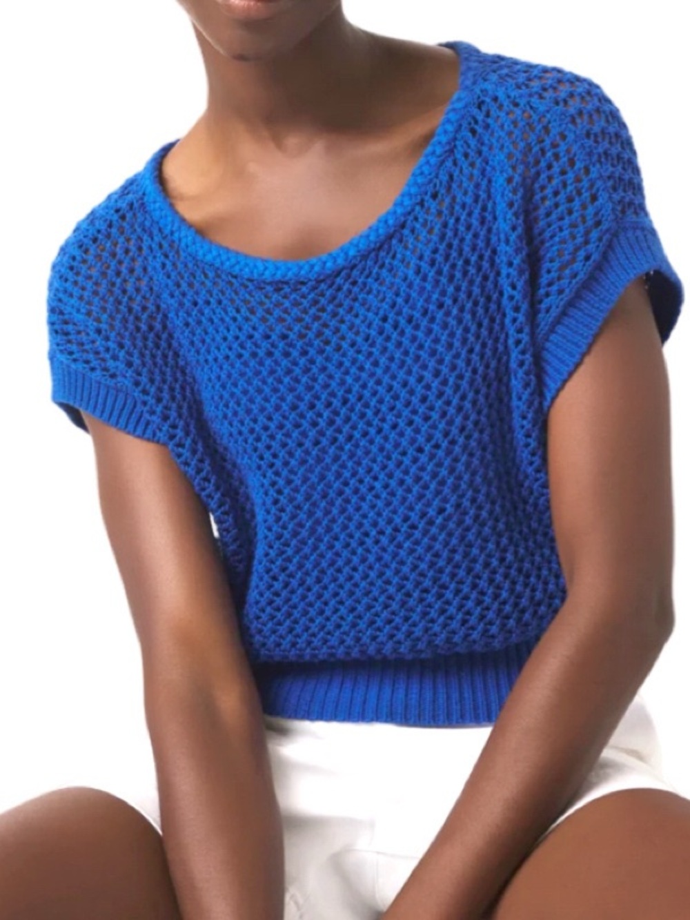 WHBM Open Knit Cap Sleeve Sweater Braided Trim Scoop Neck Top Blue Size M